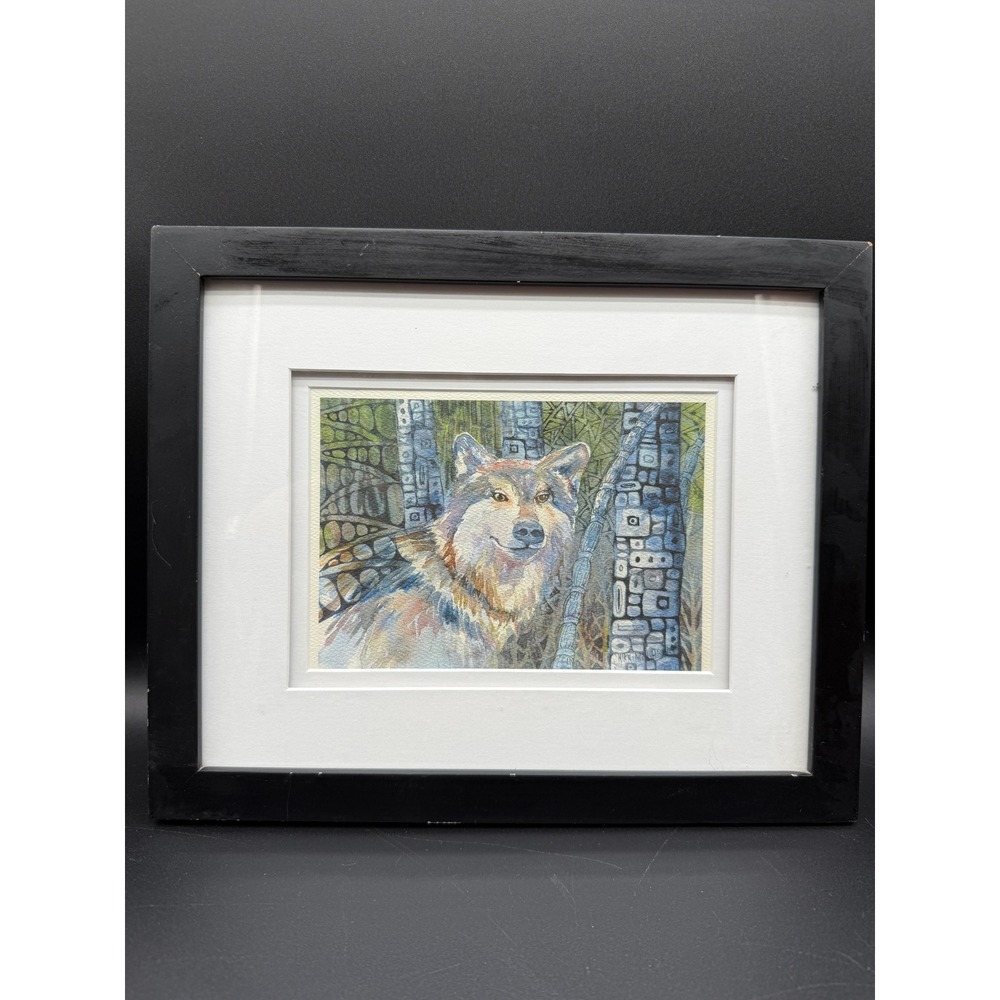Original Watercolor Spirit Path Wolf Painting‎ by Alaskan Artist Nikkine Framed